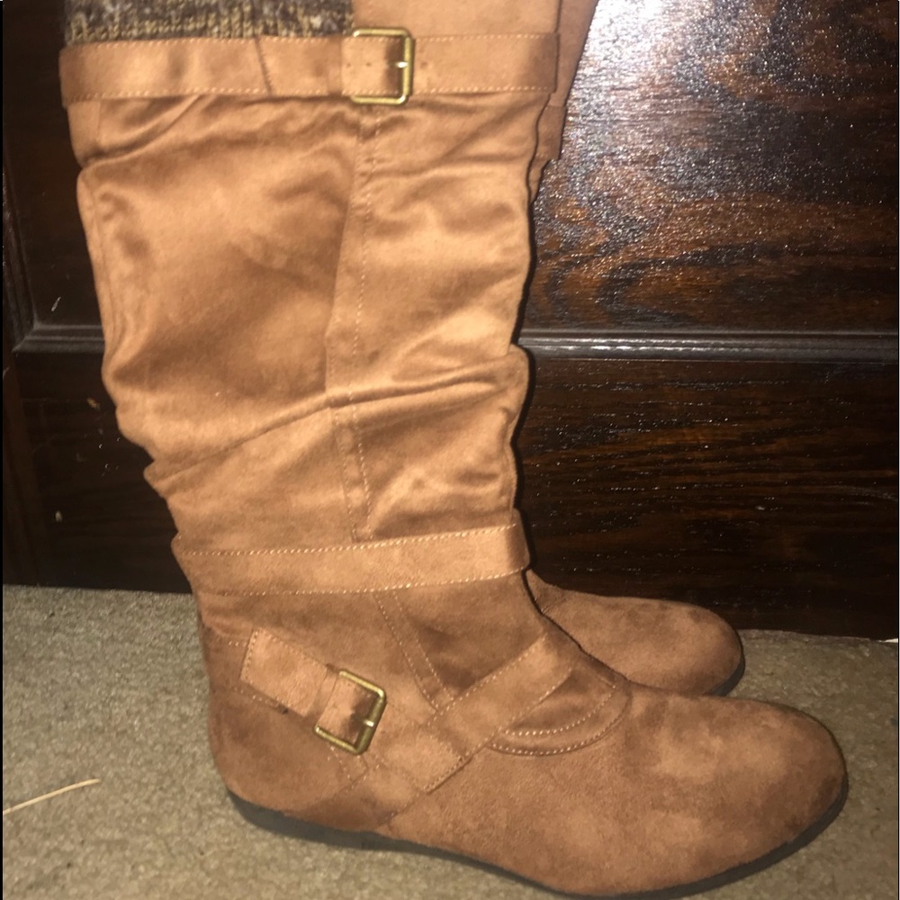 calf high tan boots with buckles